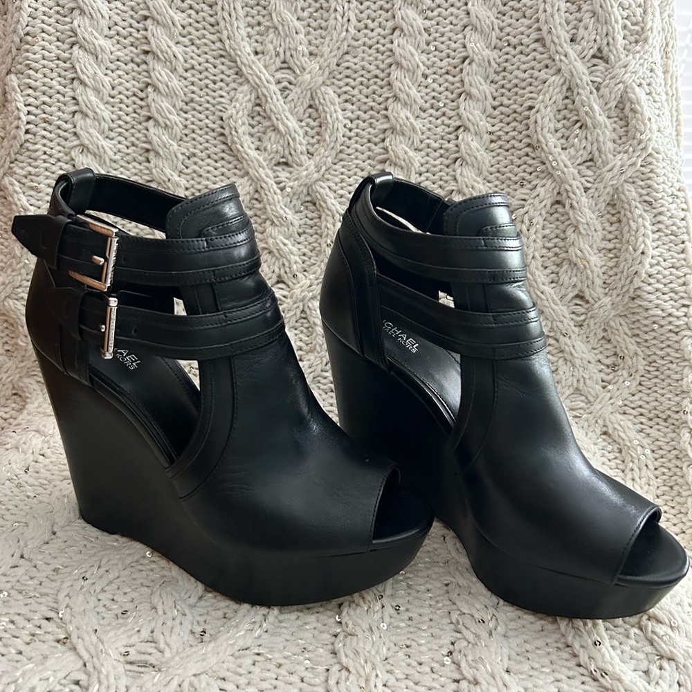 Michael Kors Black Wedge Ankle Boots, Leather Upper